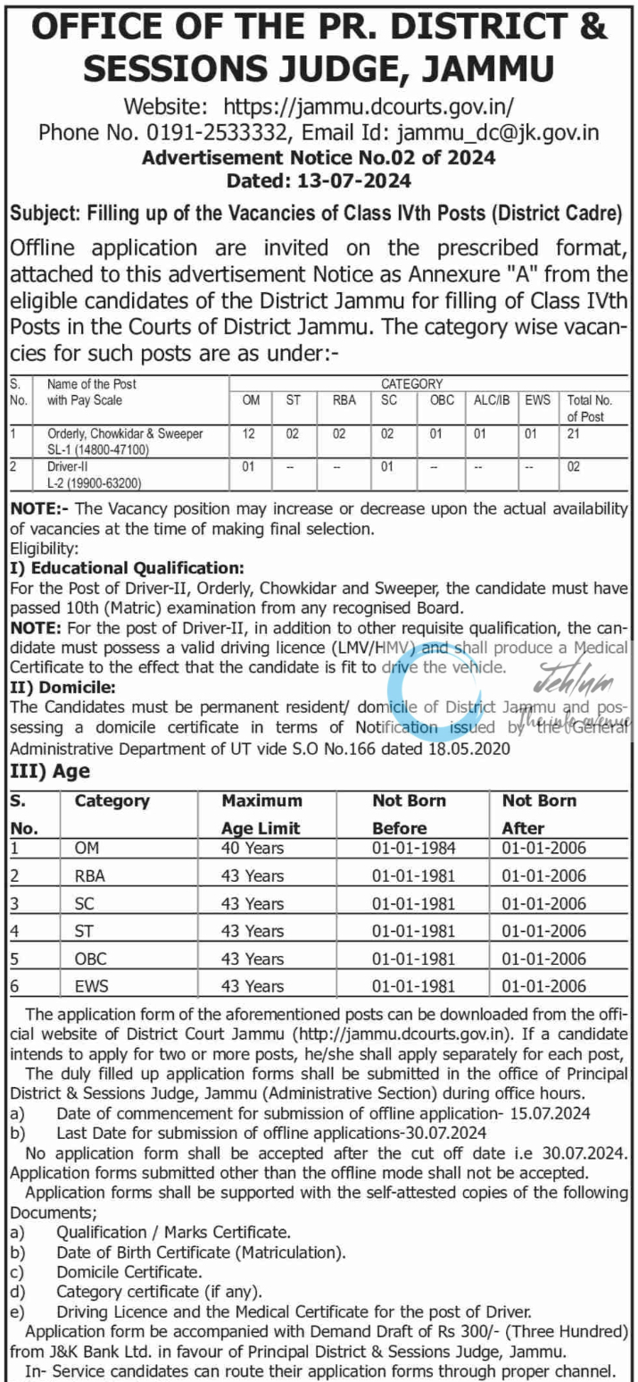 DISTRICT & SESSIONS JUDGE JAMMU Class IVth Posts Advertisement Notice No 02 of 2024