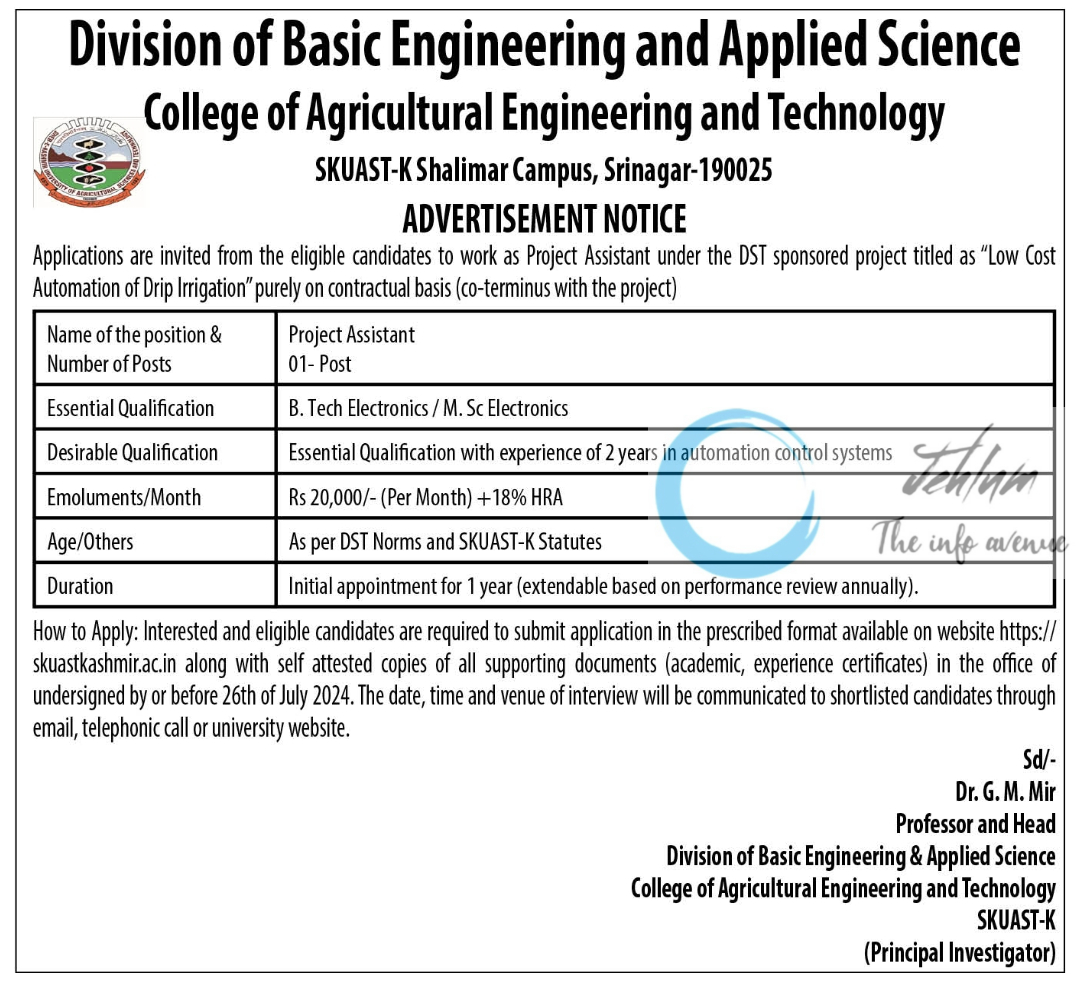 SKUAST Kashmir Division of Basic Engineering and Applied Science Project Assistant Advertisement Notice 2024