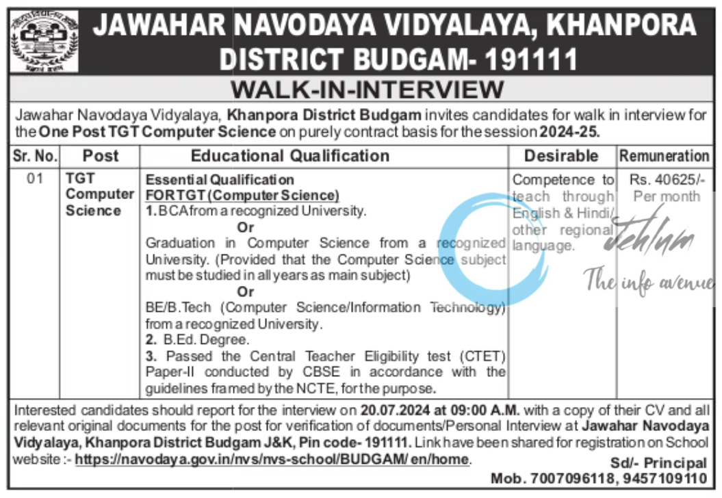 JNV BUDGAM WALK-IN-INTERVIEW NOTIFICATION 2024