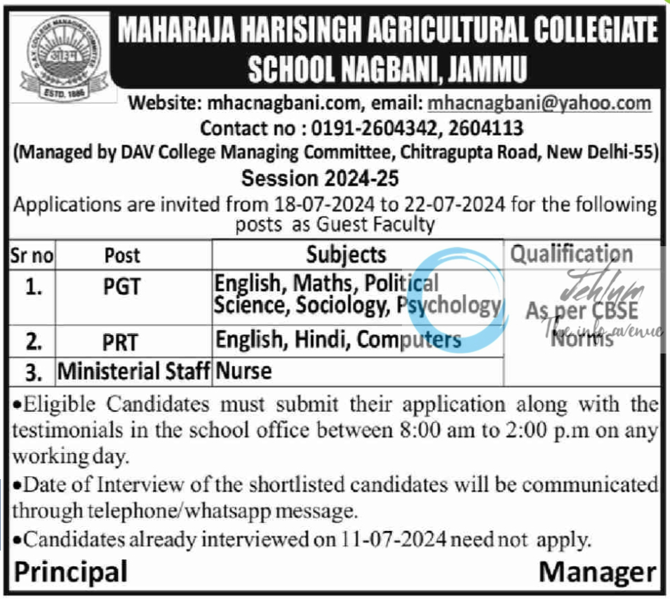 MAHARAJA HARISINGH AGRICULTURAL COLLEGIATE SCHOOL JAMMU JOBS 2024