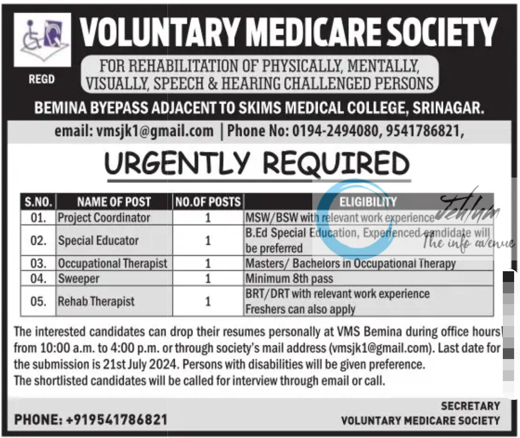 VOLUNTARY MEDICARE SOCIETY VMS SRINAGAR JOBS 2024