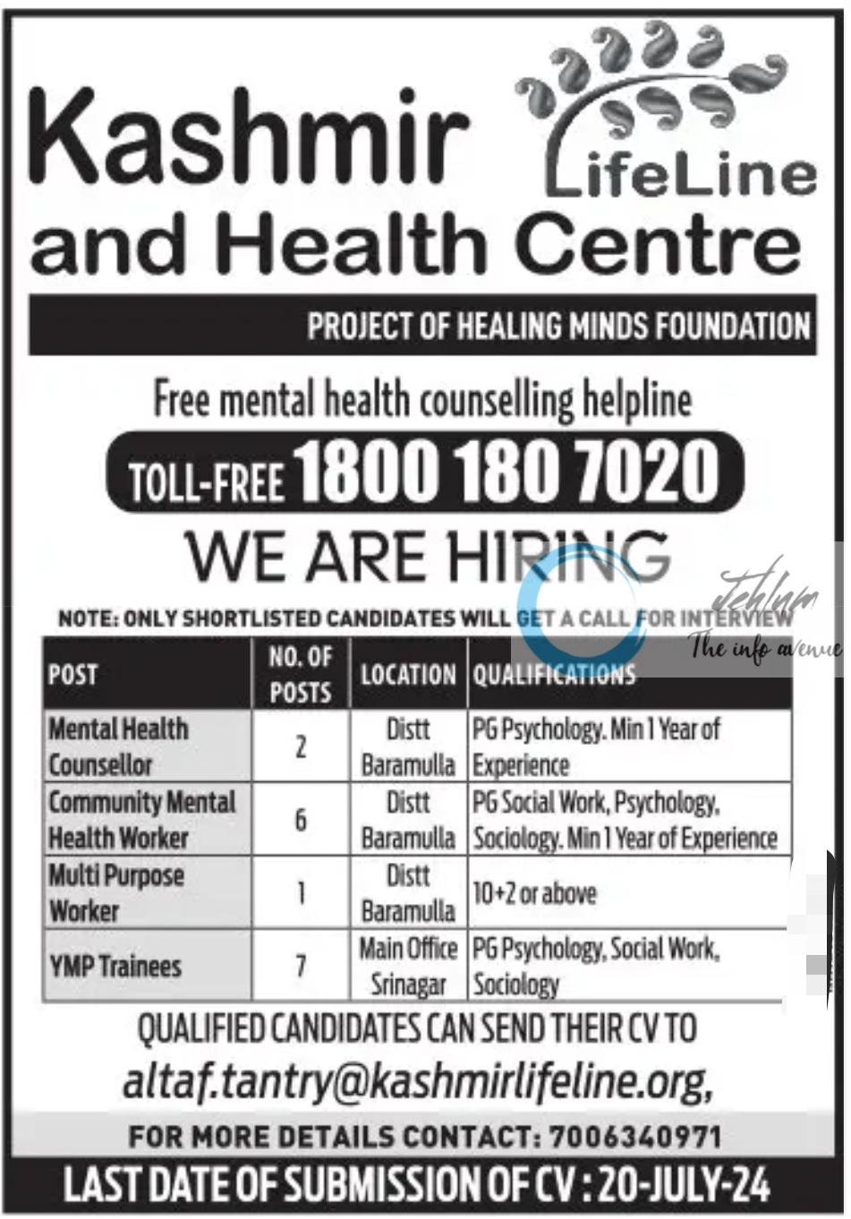 Kashmir LifeLine and Health Centre Srinagar Jobs 2024