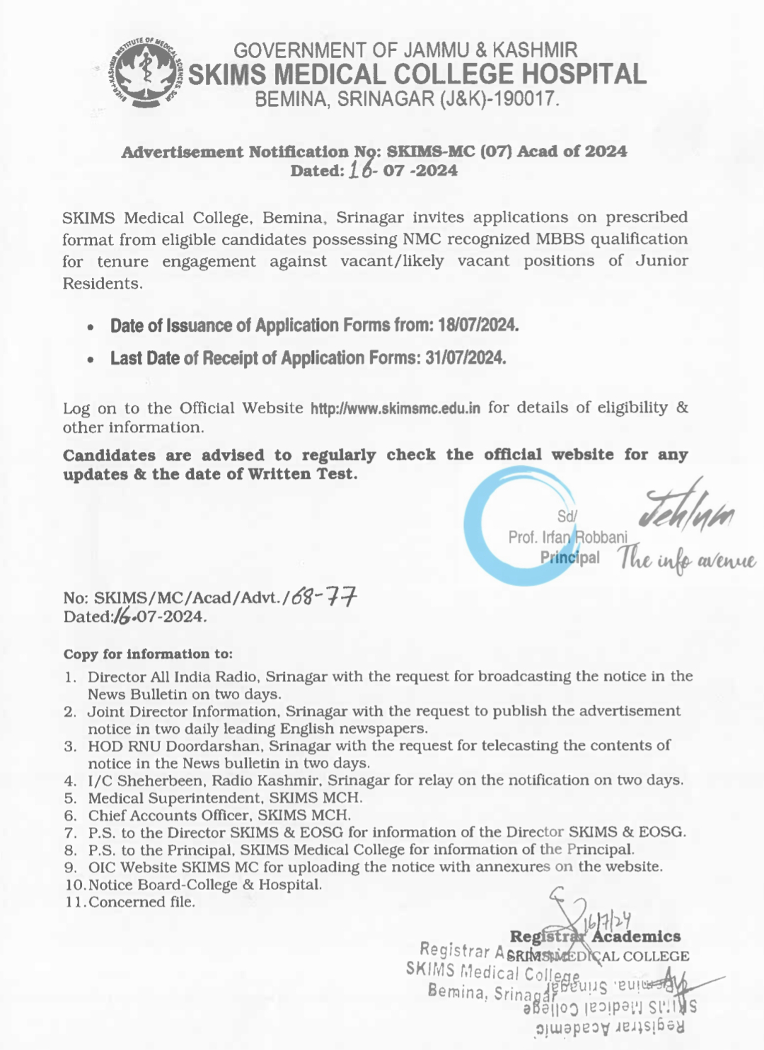 SKIMS MEDICAL COLLEGE HOSPITAL SRINAGAR Advertisement Notification No SKIMS-MC 07 Acad of 2024