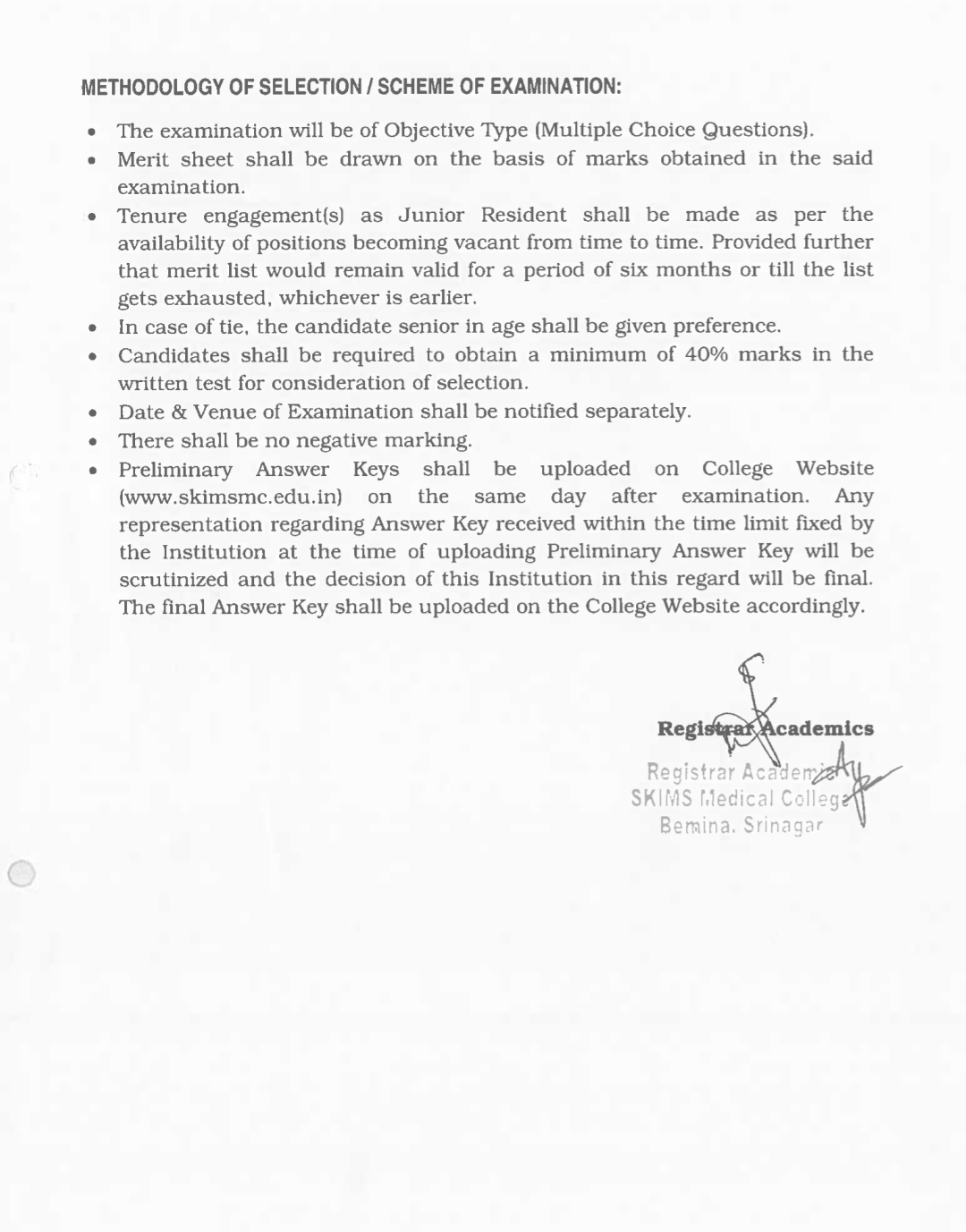 SKIMS MEDICAL COLLEGE HOSPITAL SRINAGAR Advertisement Notification No SKIMS-MC 07 Acad of 2024