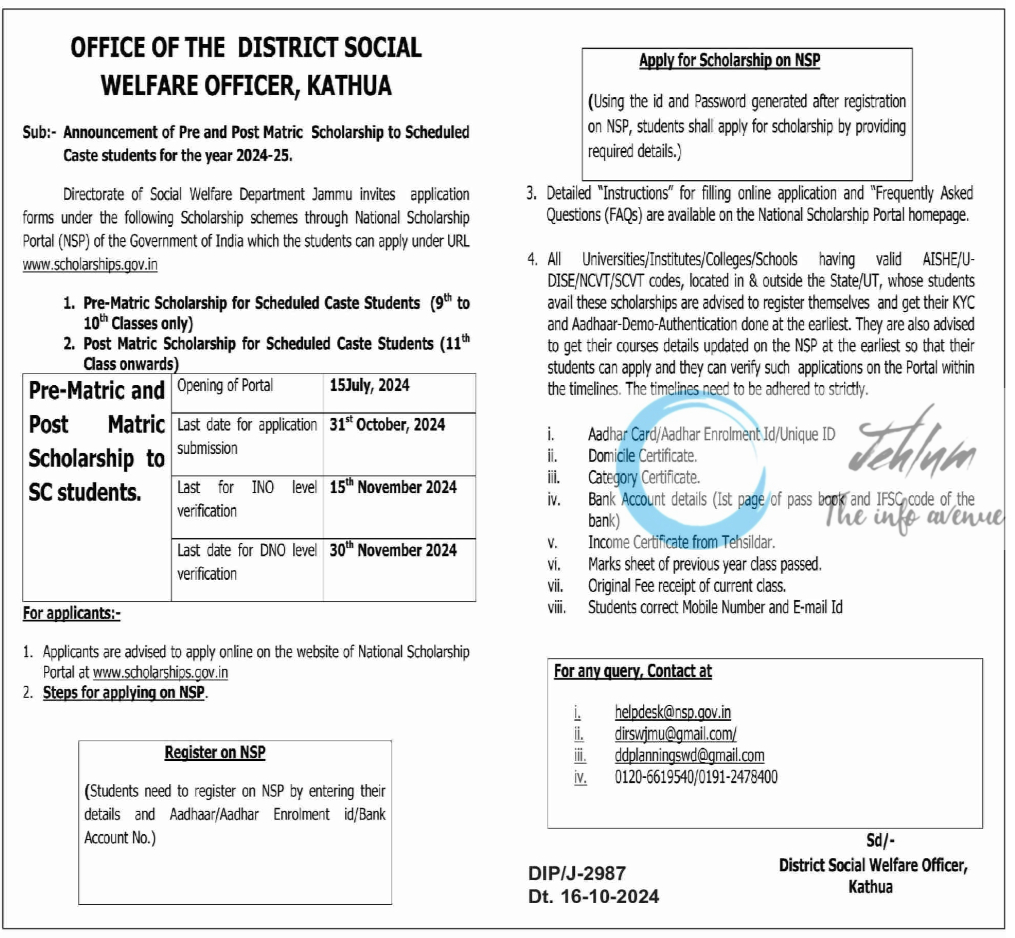 DISTRICT SOCIAL WELFARE OFFICER KATHUA Pre and Post Matric Scholarships 2024