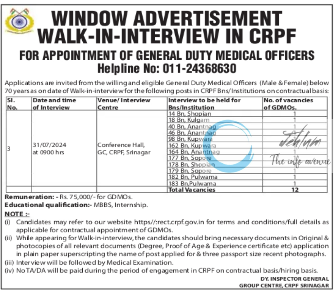 CRPF MEDICAL OFFICERS WALK-IN-INTERVIEW ADVERTISEMENT 2024