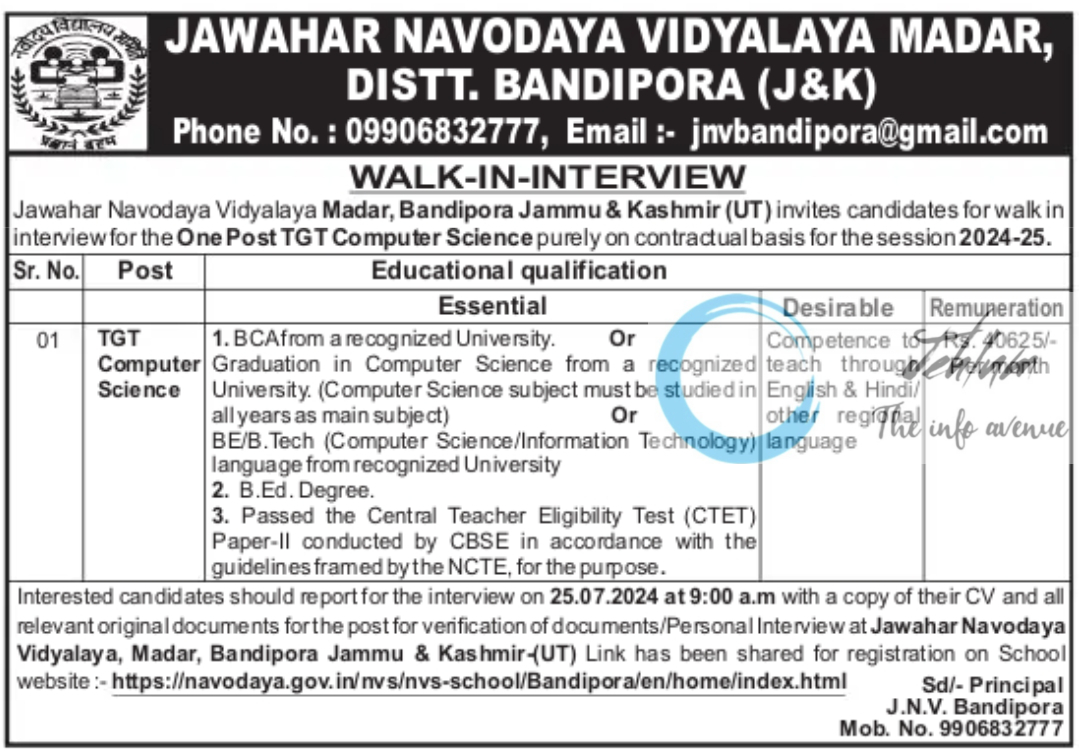 JNV BANDIPORA WALK-IN-INTERVIEW NOTIFICATION 2024