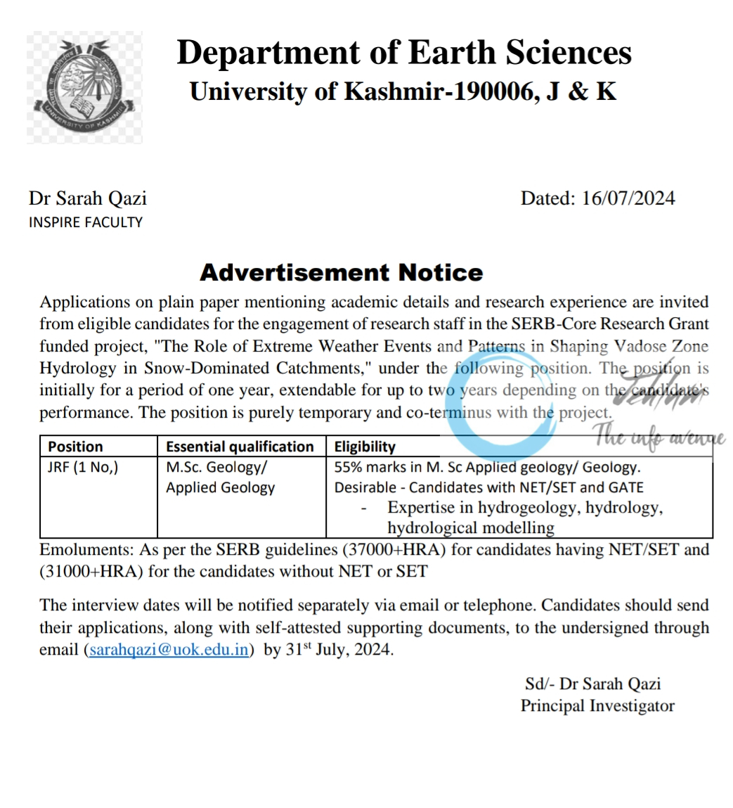 University of Kashmir Deptt of Earth Sciences JRF Advertisement Notice 2024