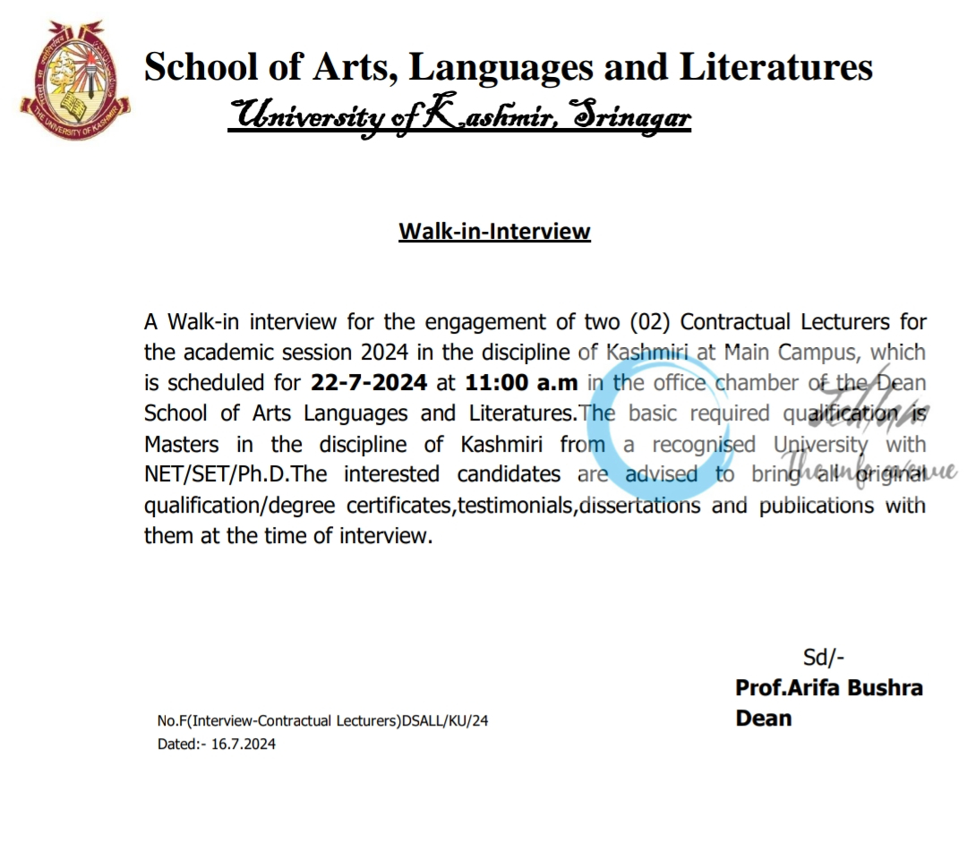 University of Kashmir School of Arts Languages and Literatures Walk-in-Interview Advertisement 2024