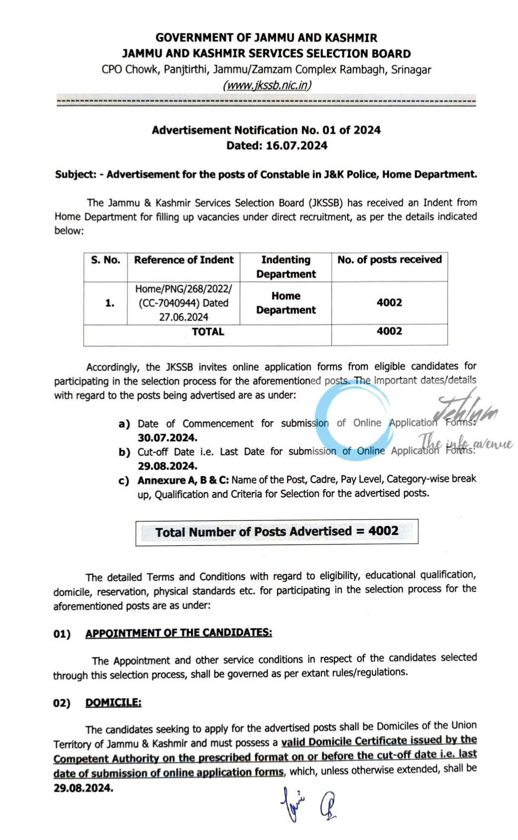 JKSSB Constable Recruitment Advertisement Notification No 01 of 2024