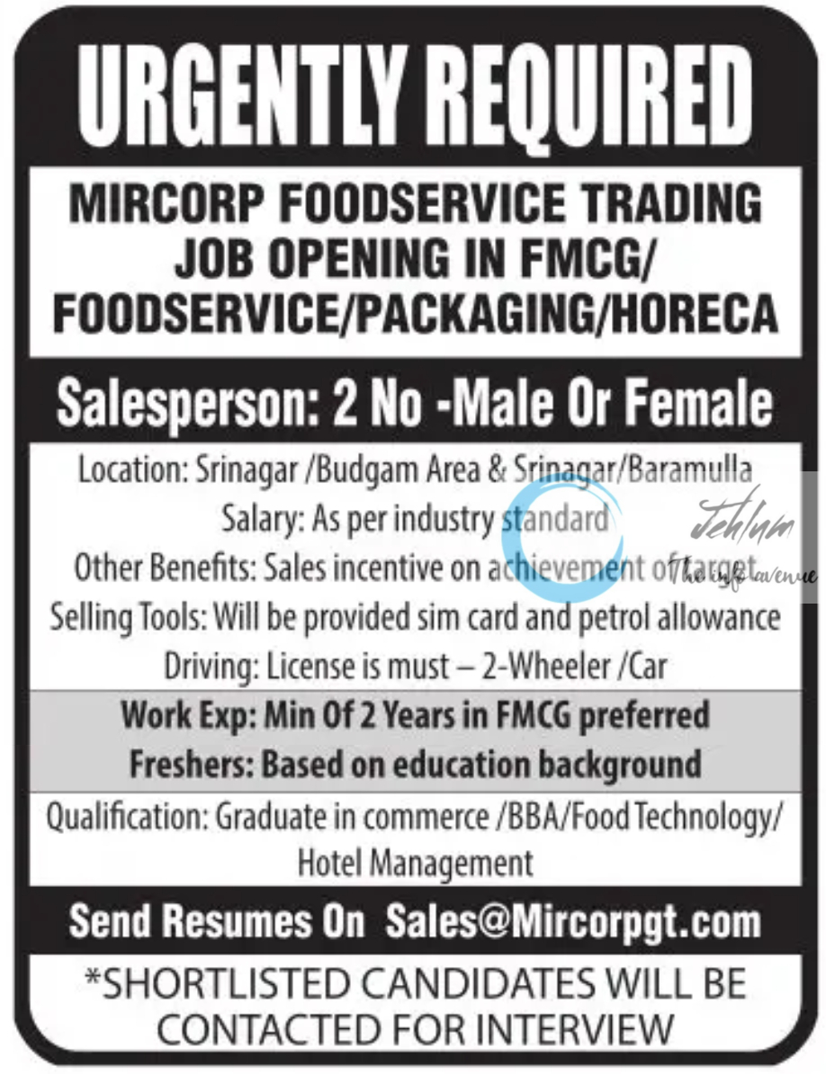 MIRCORP FOODSERVICE TRADING SRINAGAR JOBS 2024