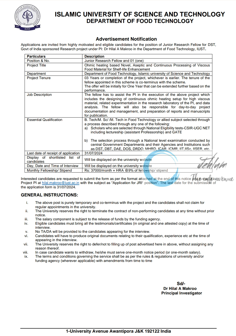 IUST KASHMIR DEPTT OF FOOD TECHNOLOGY JRF ADVERTISEMENT NOTICE 2024