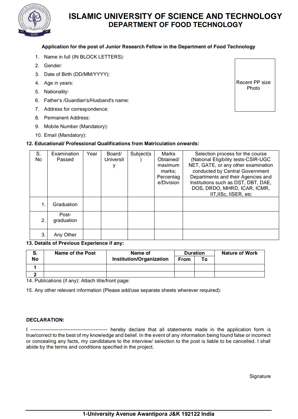 IUST KASHMIR DEPTT OF FOOD TECHNOLOGY JRF ADVERTISEMENT NOTICE 2024