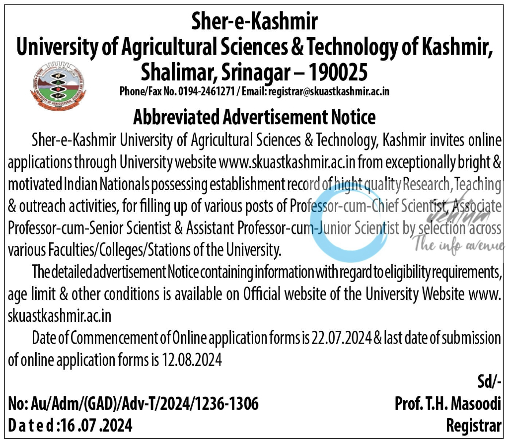 SKUAST Kashmir Faculty Recruitment Advertisement Notice 2024