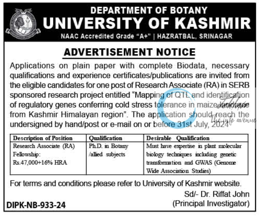 UNIVERSITY OF KASHMIR DEPTT OF BOTANY ADVERTISEMENT NOTICE 2024