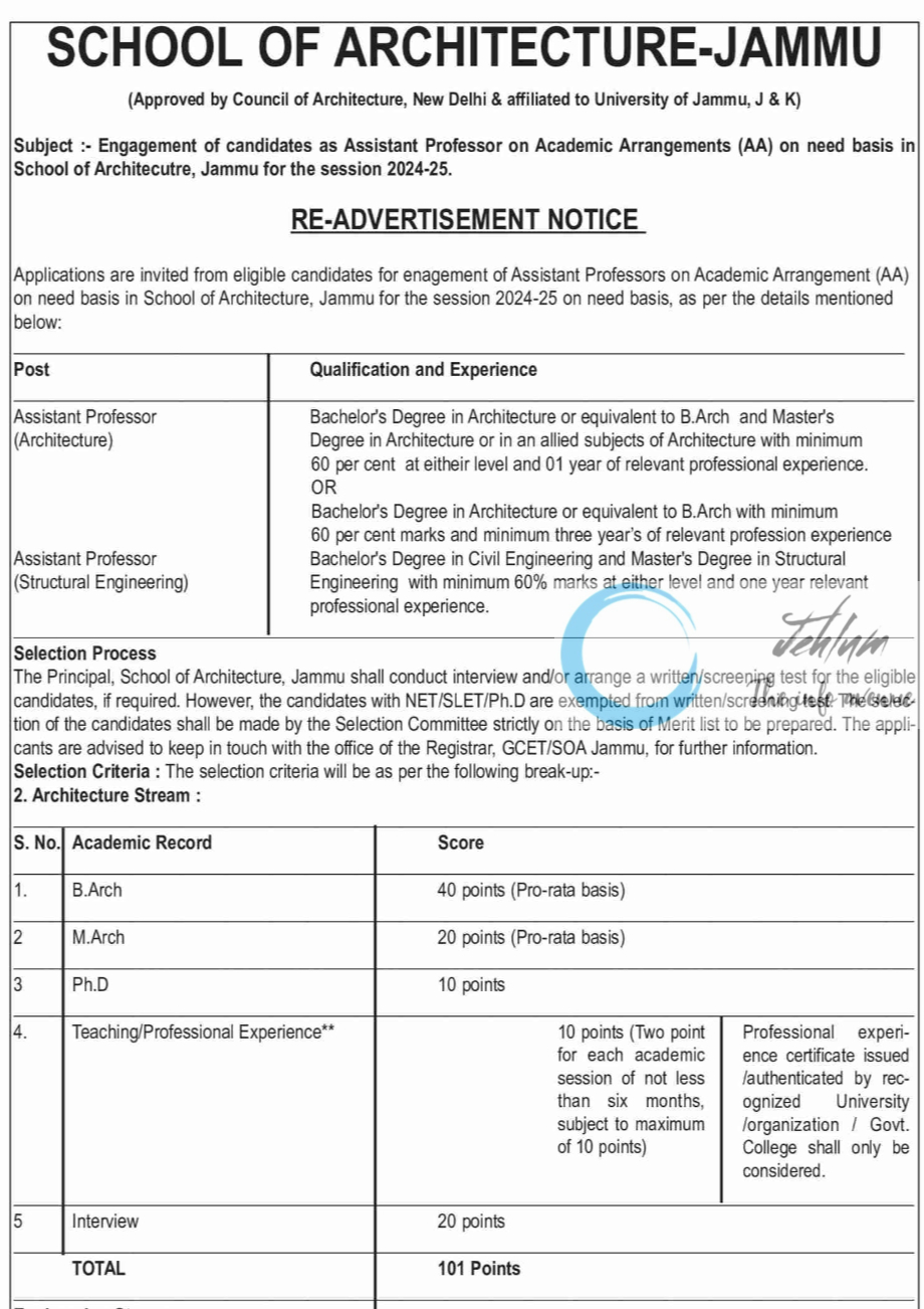 SCHOOL OF ARCHITECTURE-JAMMU ACADEMIC ARRANGEMENTS RE-ADVERTISEMENT NOTICE 2024