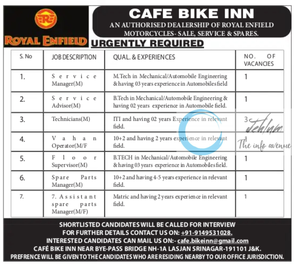 ROYAL ENFIELD CAFE BIKE INN SRINAGAR JOBS 2024