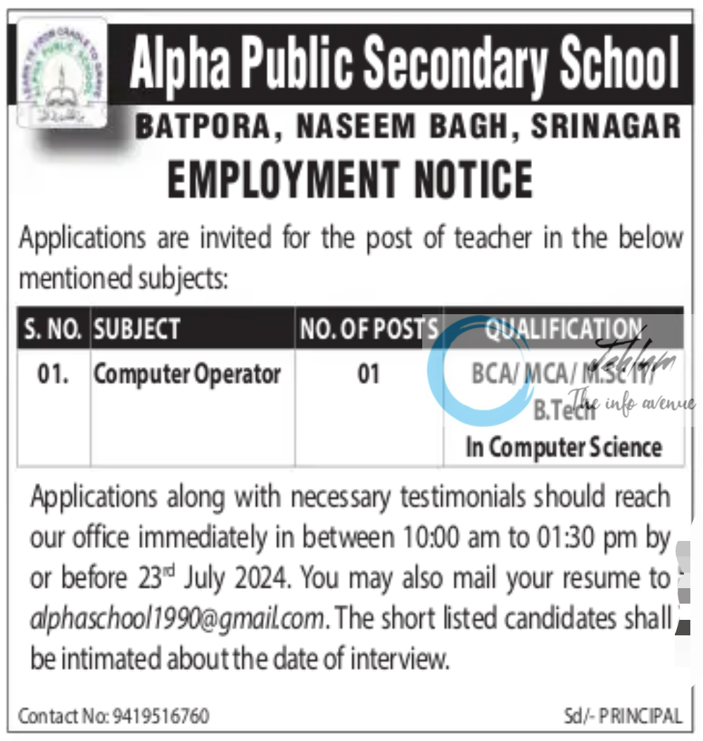 Alpha Public Secondary School Srinagar Employment Notice 2024