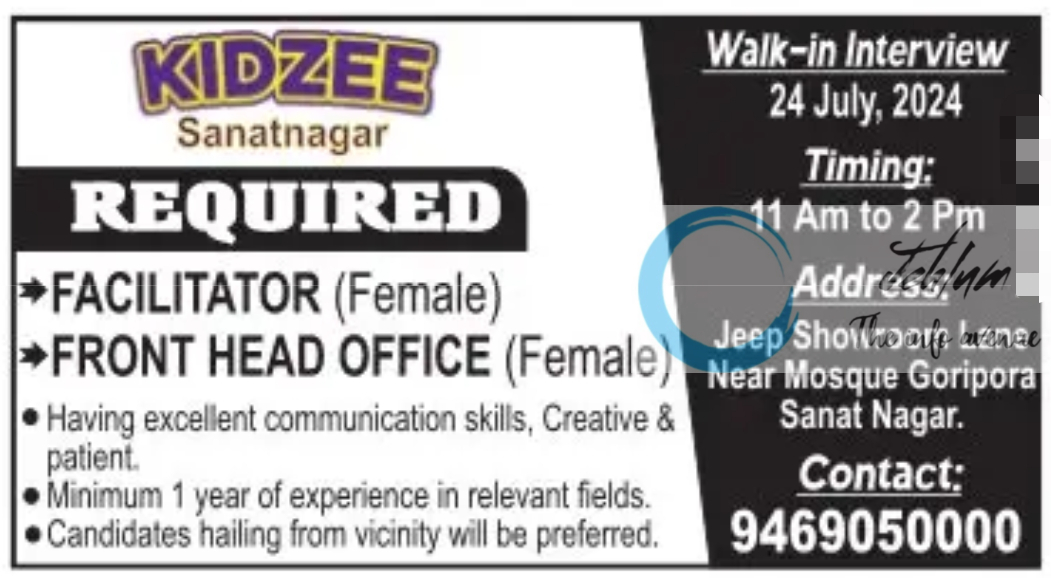 KIDZEE Srinagar Jobs Vacancy 2024