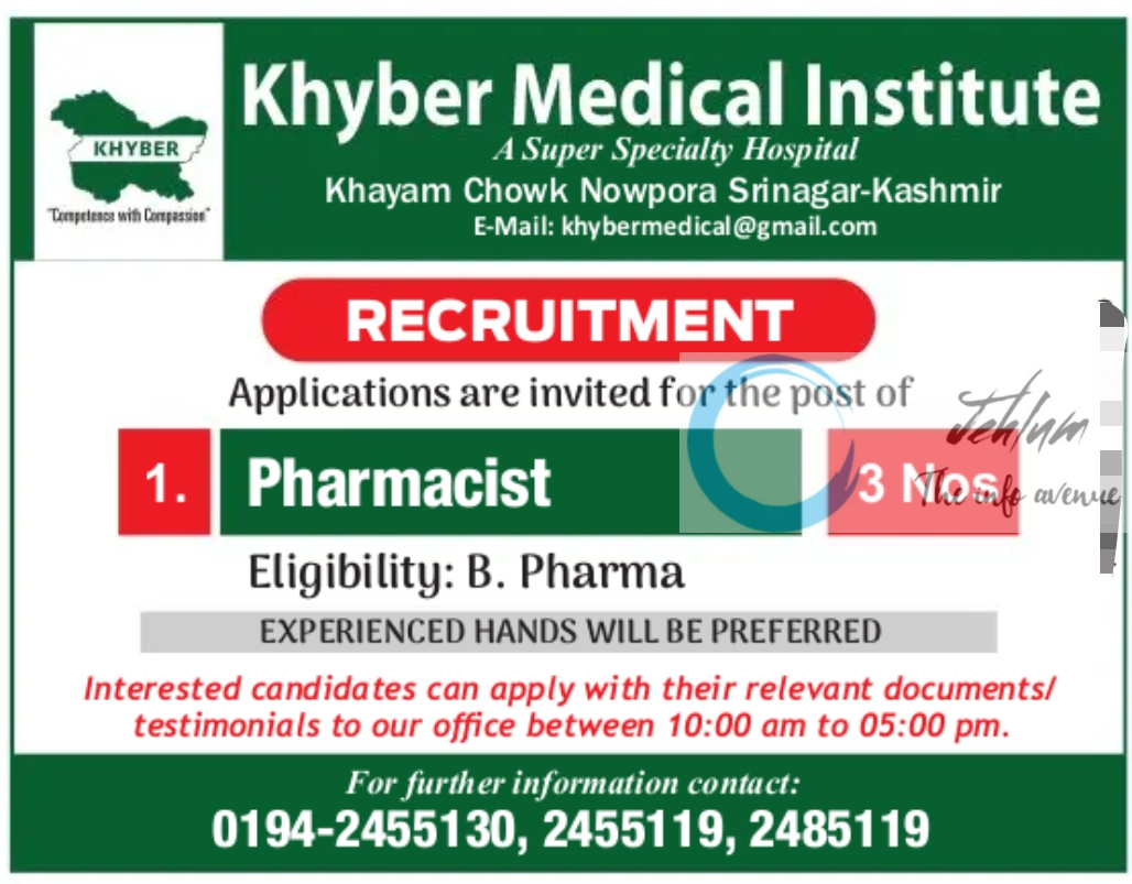 Khyber Medical Institute Srinagar Pharmacist Recruitment 2024