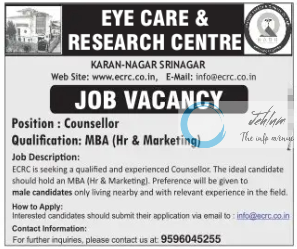 EYE CARE & RESEARCH CENTRE SRINAGAR COUNSELLING JOBS 2024