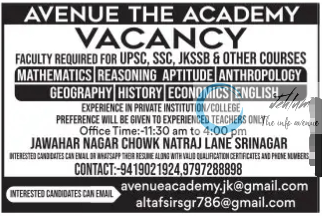 AVENUE THE ACADEMY SRINAGAR JOBS OPENINGS 2024