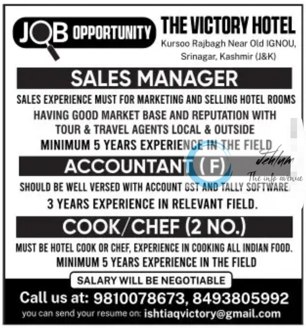 THE VICTORY HOTEL SRINAGAR JOBS OPPORTUNITY 2024