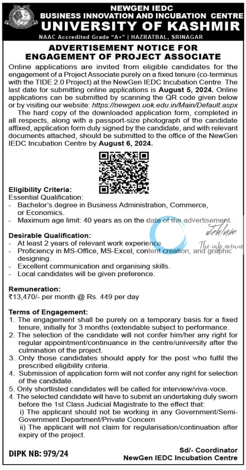 UNIVERSITY OF KASHMIR BUSINESS INNOVATION AND INCUBATION CENTRE PROJECT ASSOCIATE ADVERTISEMENT NOTICE 2024