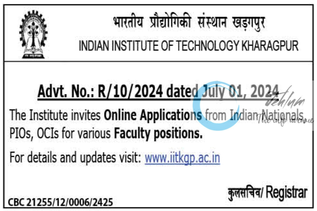 INDIAN INSTITUTE OF TECHNOLOGY IIT KHARAGPUR ADVERTISEMENT NOTICE 2024