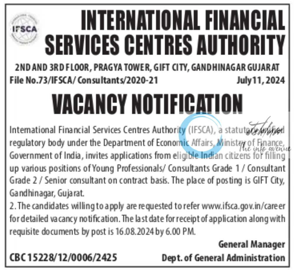 INTERNATIONAL FINANCIAL SERVICES CENTRES AUTHORITY IFSCA VACANCY NOTIFICATION 2024