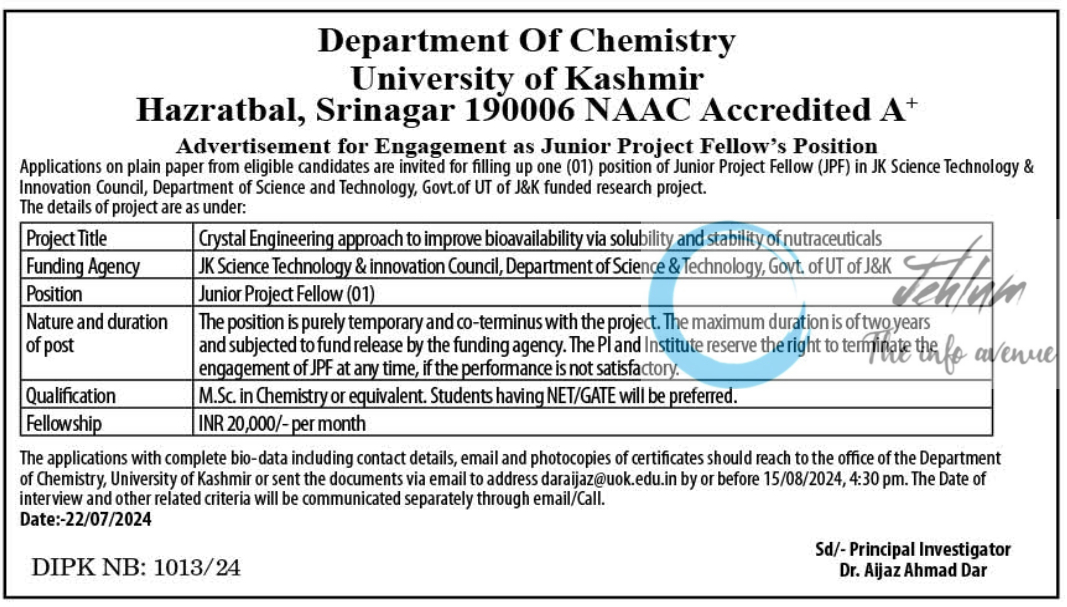 University of Kashmir Deptt Of Chemistry Junior Project Fellow Advertisement Notice 2024