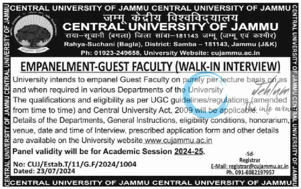 CENTRAL UNIVERSITY OF JAMMU GUEST FACULTY WALK-IN INTERVIEW 2024