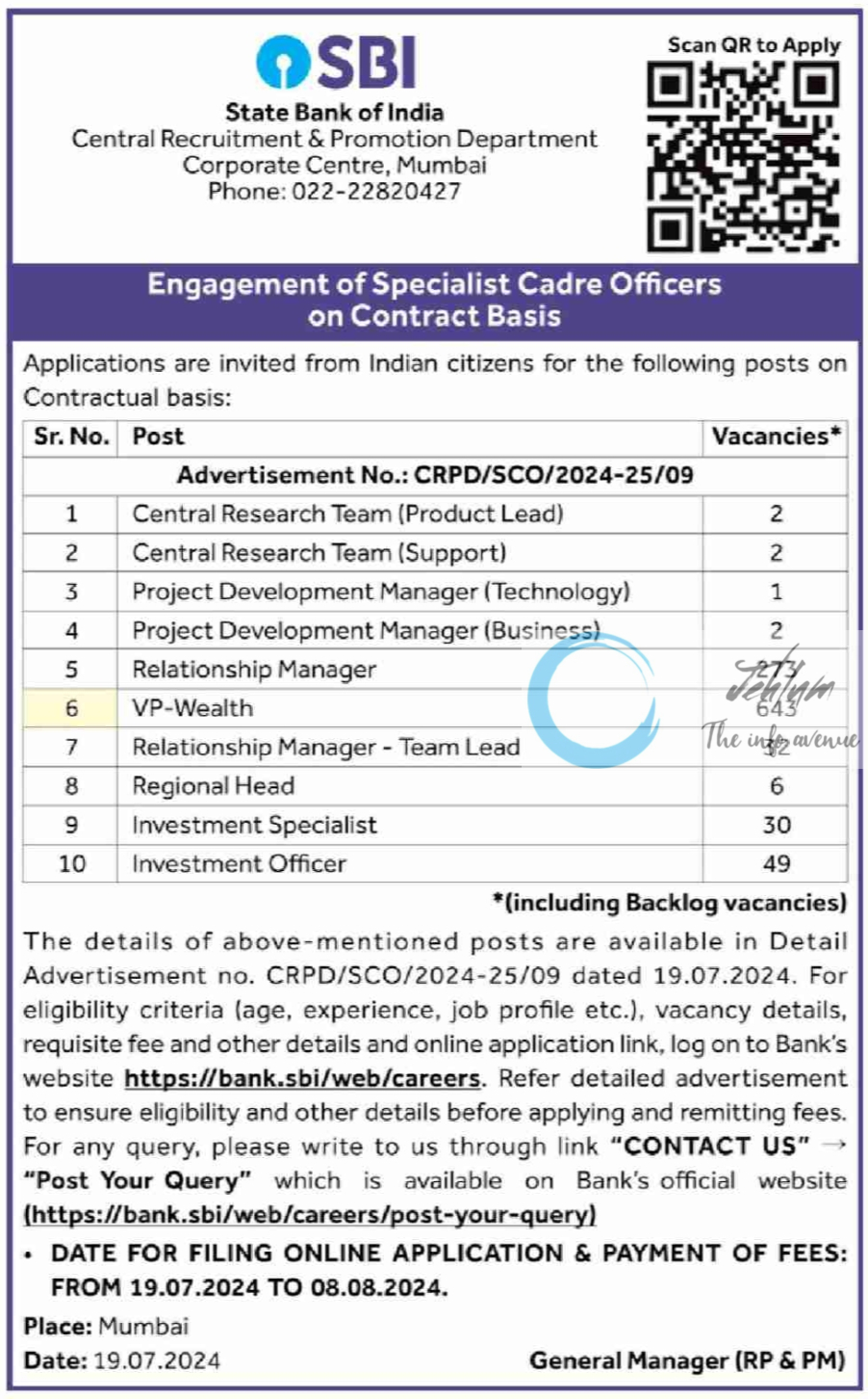 SBI Specialist Cadre Officers Recruitment Advertisement Notice 2024