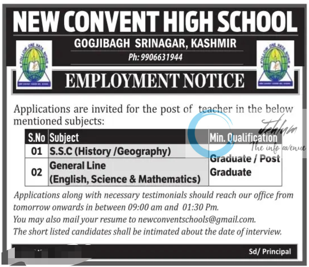 NEW CONVENT HIGH SCHOOL SRINAGAR EMPLOYMENT NOTICE 2024