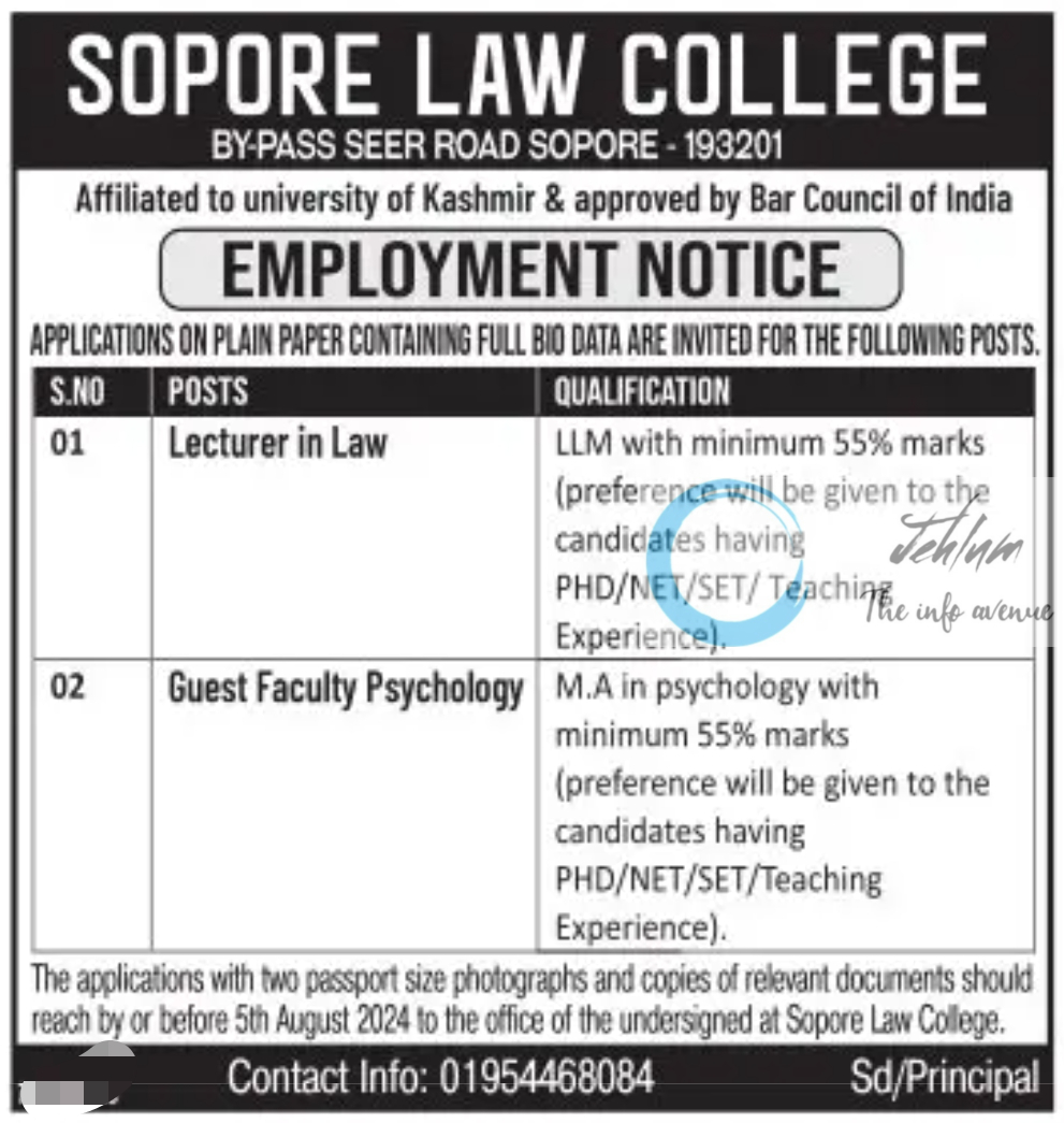 SOPORE LAW COLLEGE EMPLOYMENT NOTICE 2024