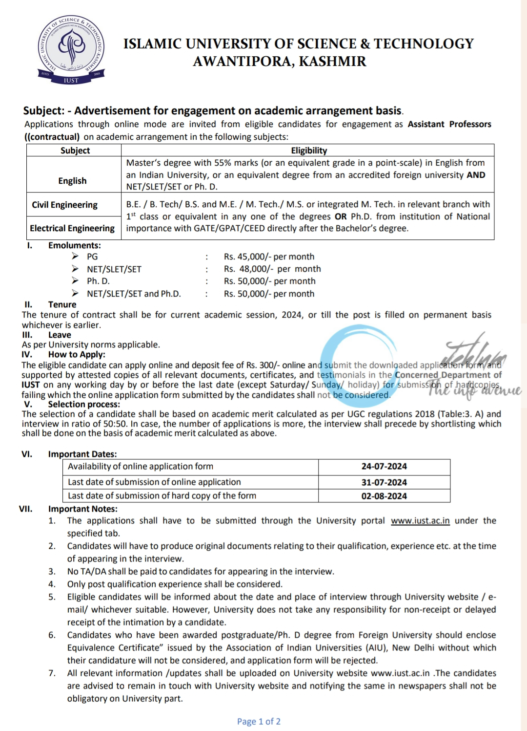 IUST KASHMIR ACADEMIC ARRANGEMENT ADVERTISEMENT NOTICE 2024