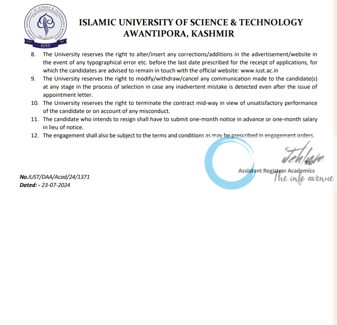 IUST KASHMIR ACADEMIC ARRANGEMENT ADVERTISEMENT NOTICE 2024