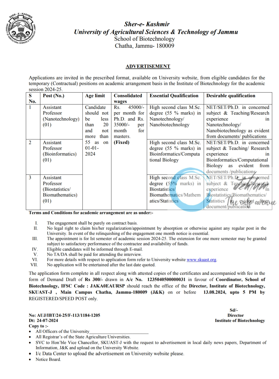 SKUAST Jammu Institute of Biotechnology Academic Arrangement Advertisement Notice 2024