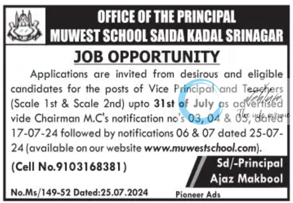 MUWEST SCHOOL SRINAGAR JOBS OPPORTUNITY 2024