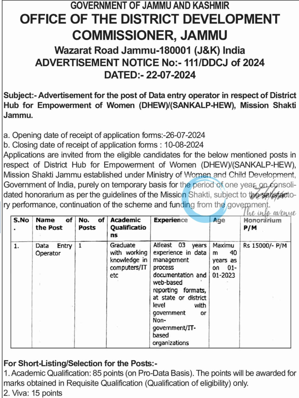 DISTRICT DEVELOPMENT COMMISSIONER JAMMU ADVERTISEMENT NOTICE No 111 DDCJ OF 2024