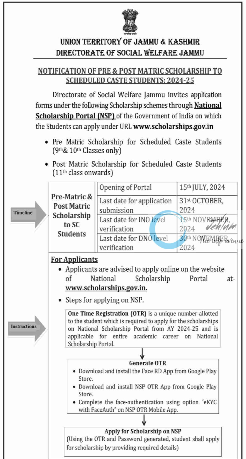 DIRECTORATE OF SOCIAL WELFARE JAMMU PRE & POST MATRIC SCHOLARSHIP NOTIFICATION 2024