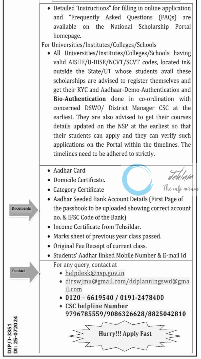 DIRECTORATE OF SOCIAL WELFARE JAMMU PRE & POST MATRIC SCHOLARSHIP NOTIFICATION 2024