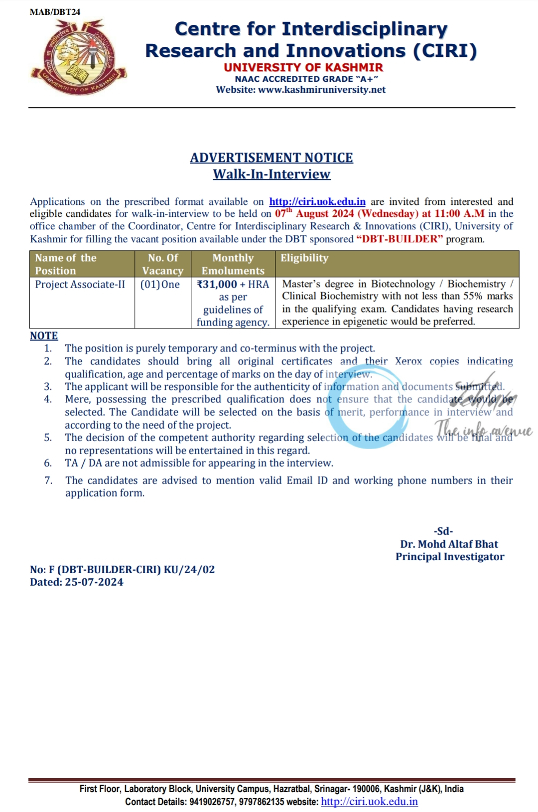 UNIVERSITY OF KASHMIR CIRI PROJECT ASSOCIATE-II ADVERTISEMENT NOTICE 2024