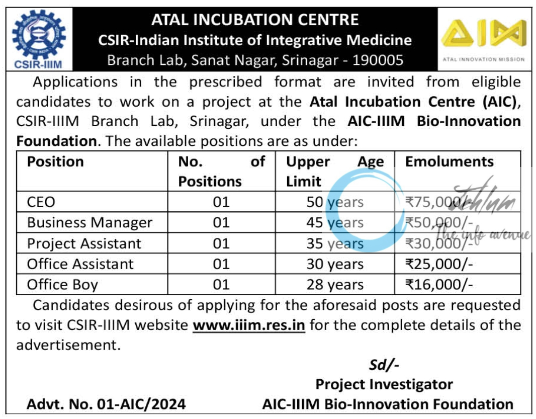 CSIR-IIIM ATAL INNOVATION MISSION SRINAGAR JOBS ADVERTISEMENT 2024