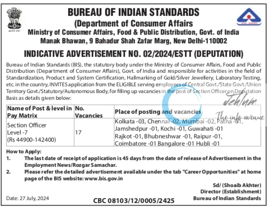 BUREAU OF INDIAN STANDARDS BIS ADVERTISEMENT NO 02/2024