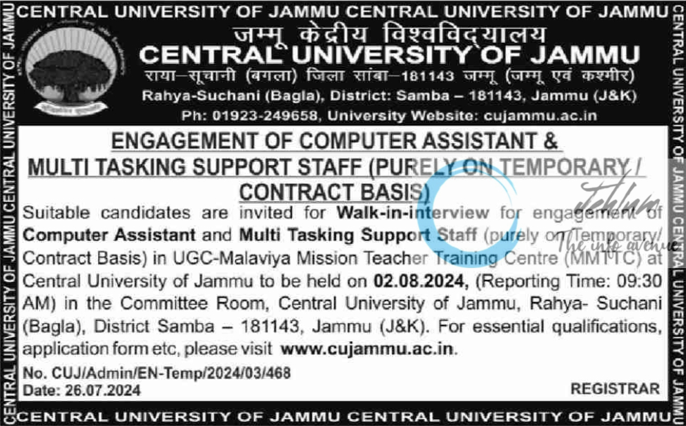 CENTRAL UNIVERSITY OF JAMMU COMPUTER ASSISTANT & MULTI TASKING SUPPORT STAFF RECRUITMENT NOTICE 2024