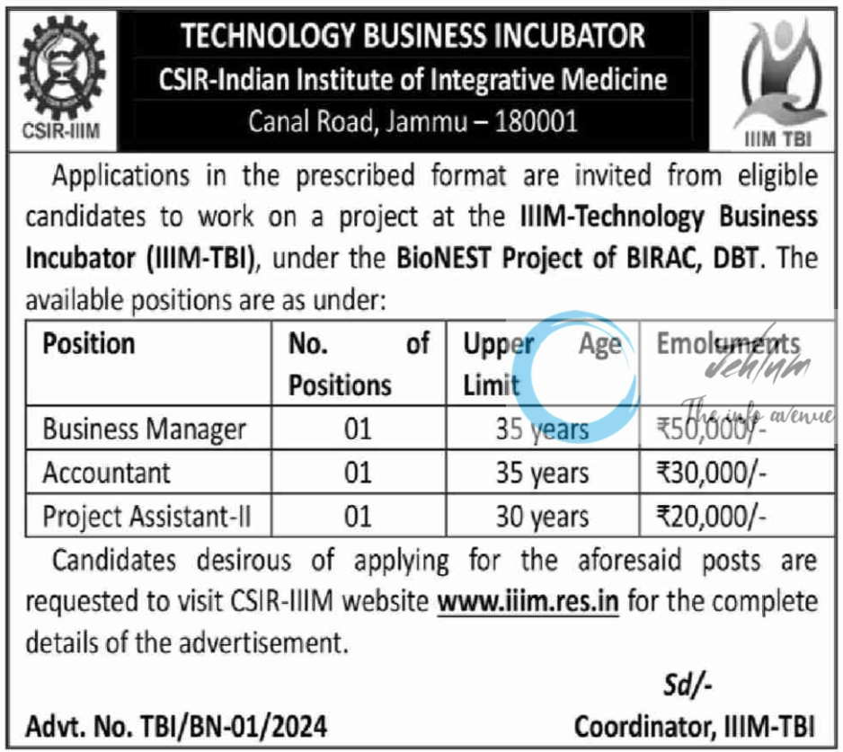 CSIR-IIIM TECHNOLOGY BUSINESS INCUBATOR JAMMU JOBS VACANCIES 2024