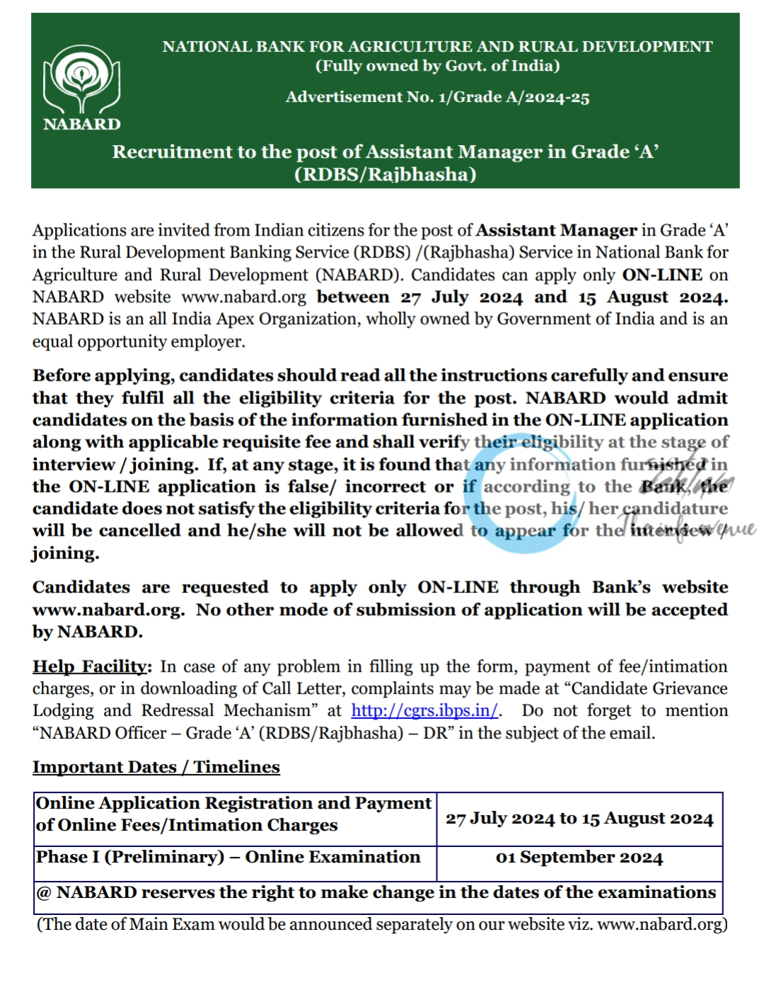 NABARD Jobs Advertisement No 1/Grade A/2024-25