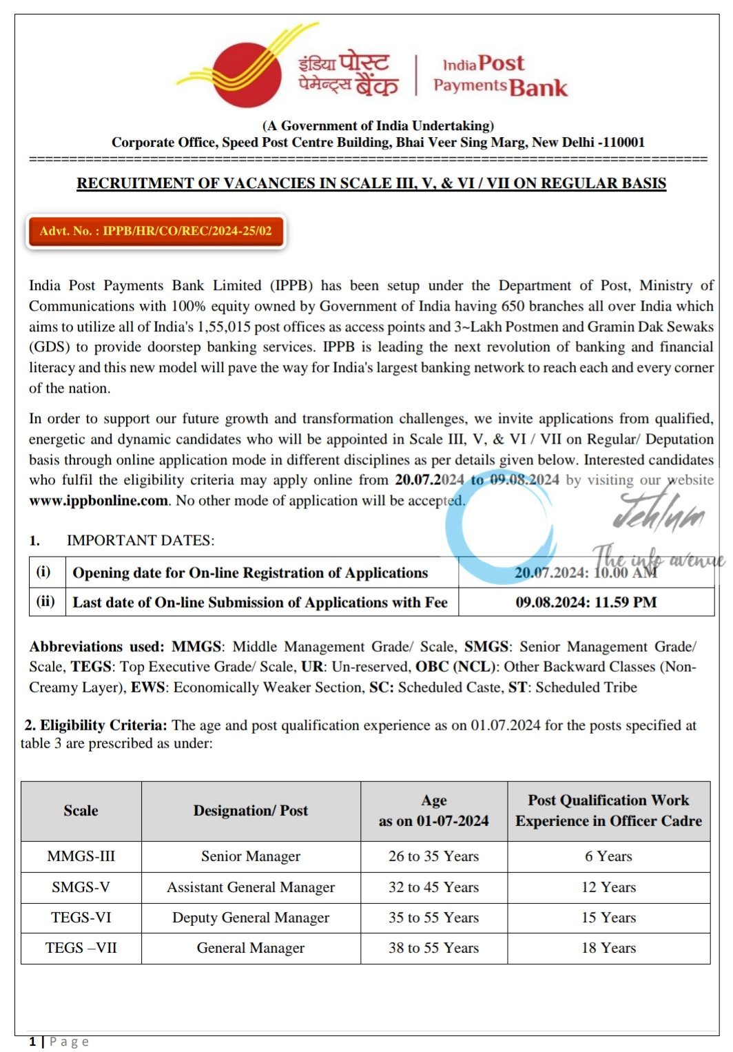 India Post Payments Bank IPPB Recruitment Advt No IPPB/HR/CO/REC/2024-25/02