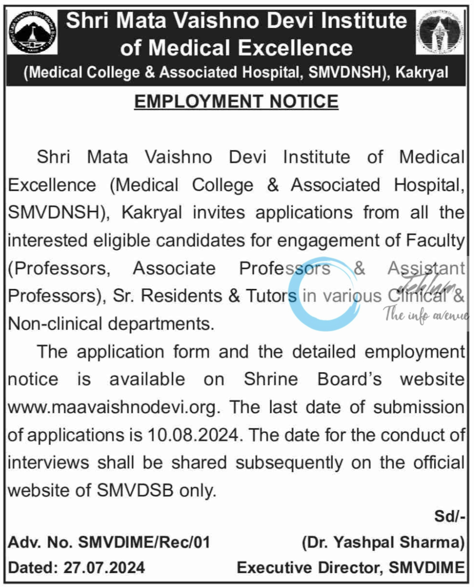 Shri Mata Vaishno Devi Institute of Medical Excellence Reasi Employment Notice 2024